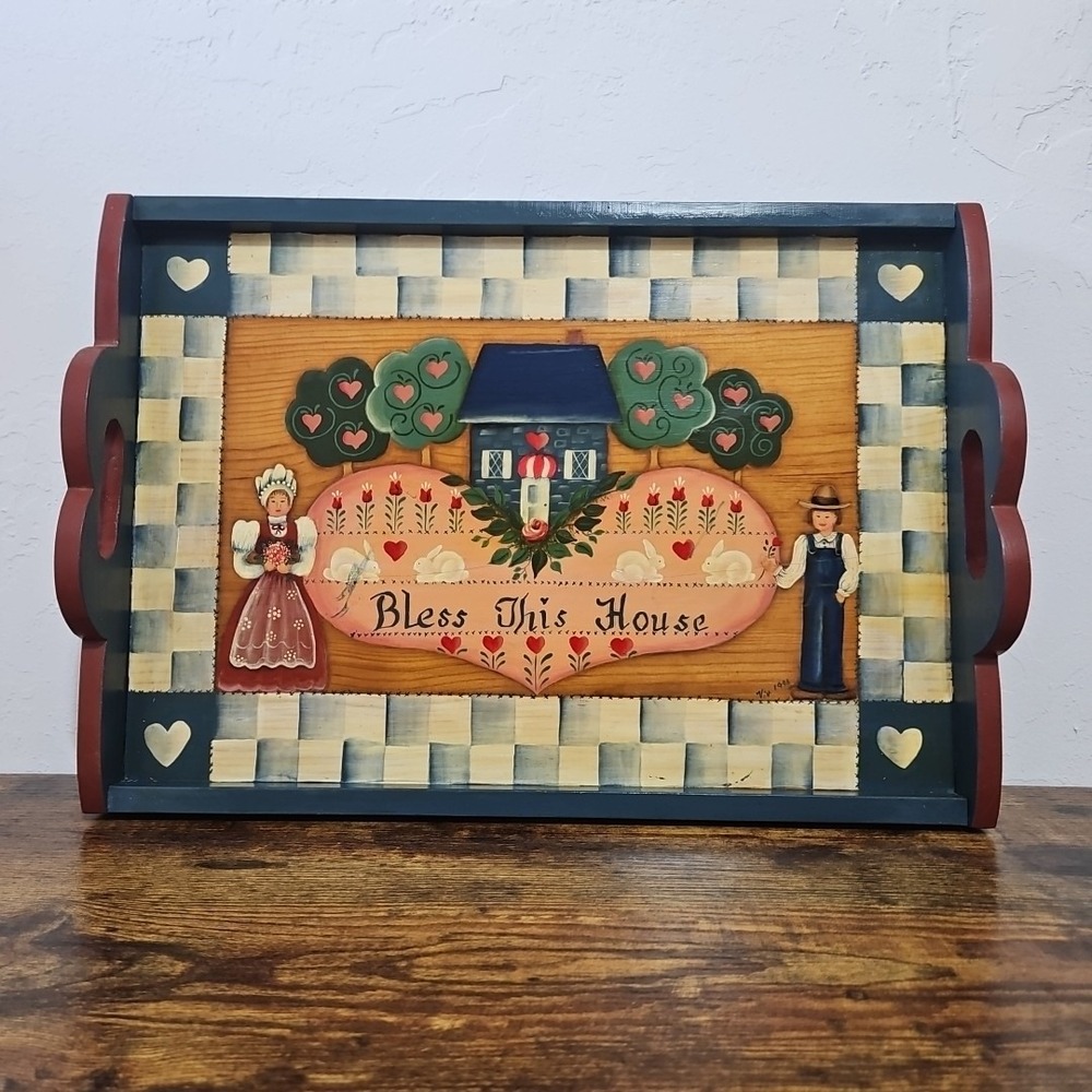 Folk Art Decorative Wood Painted Serving Tray Country Hanging Bless This House